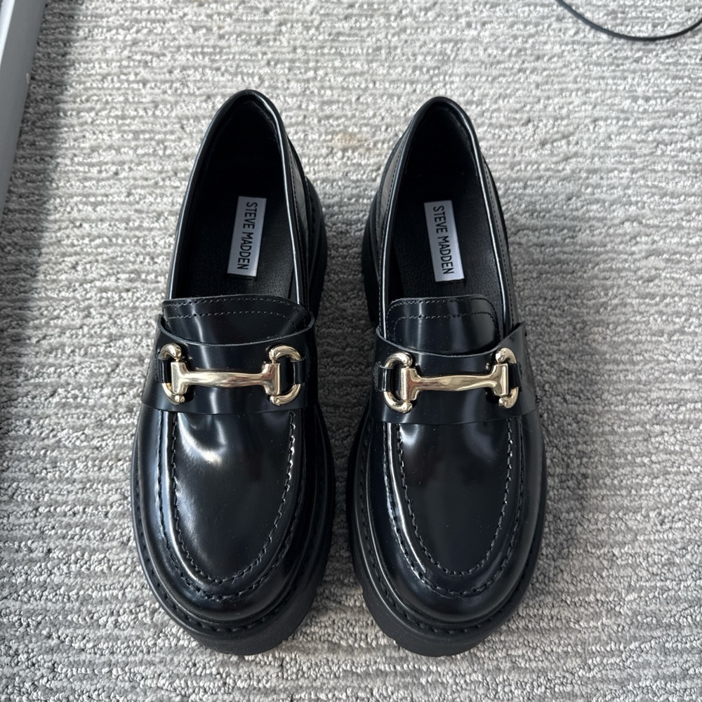 Steve Madden Glossy Black Loafers with Gold Detail